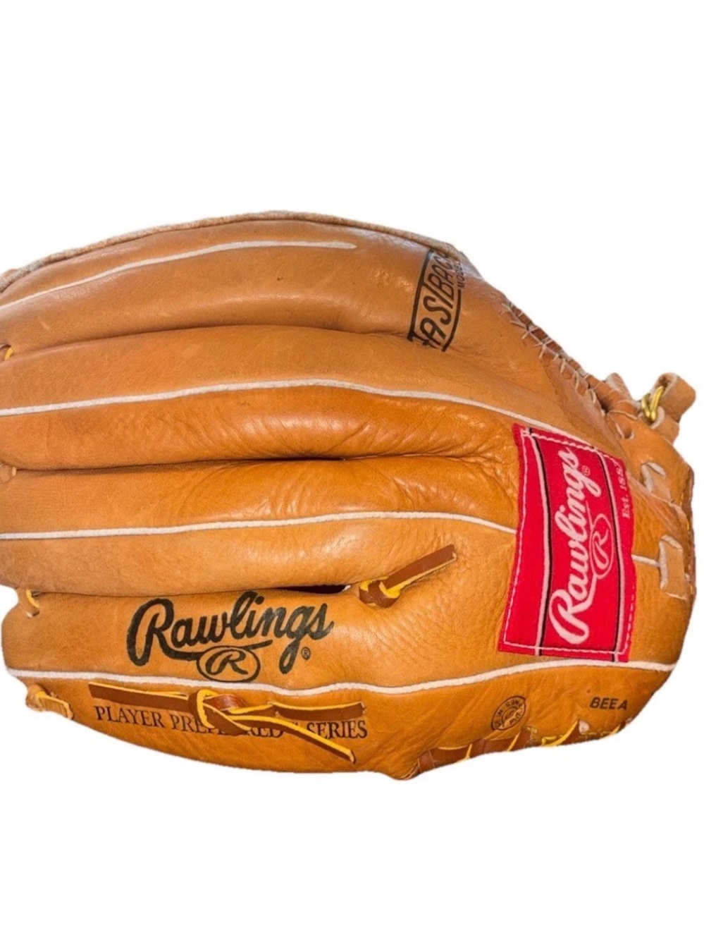 Rawlings Tan and Red Leather Baseball Glove with Gold Ring